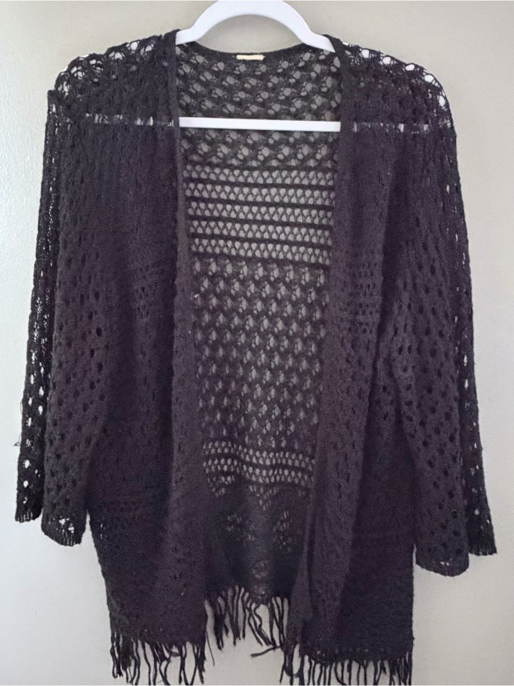 Vintage Black Crochet Cardigan Fringe Open Knit Boho Sweater M L